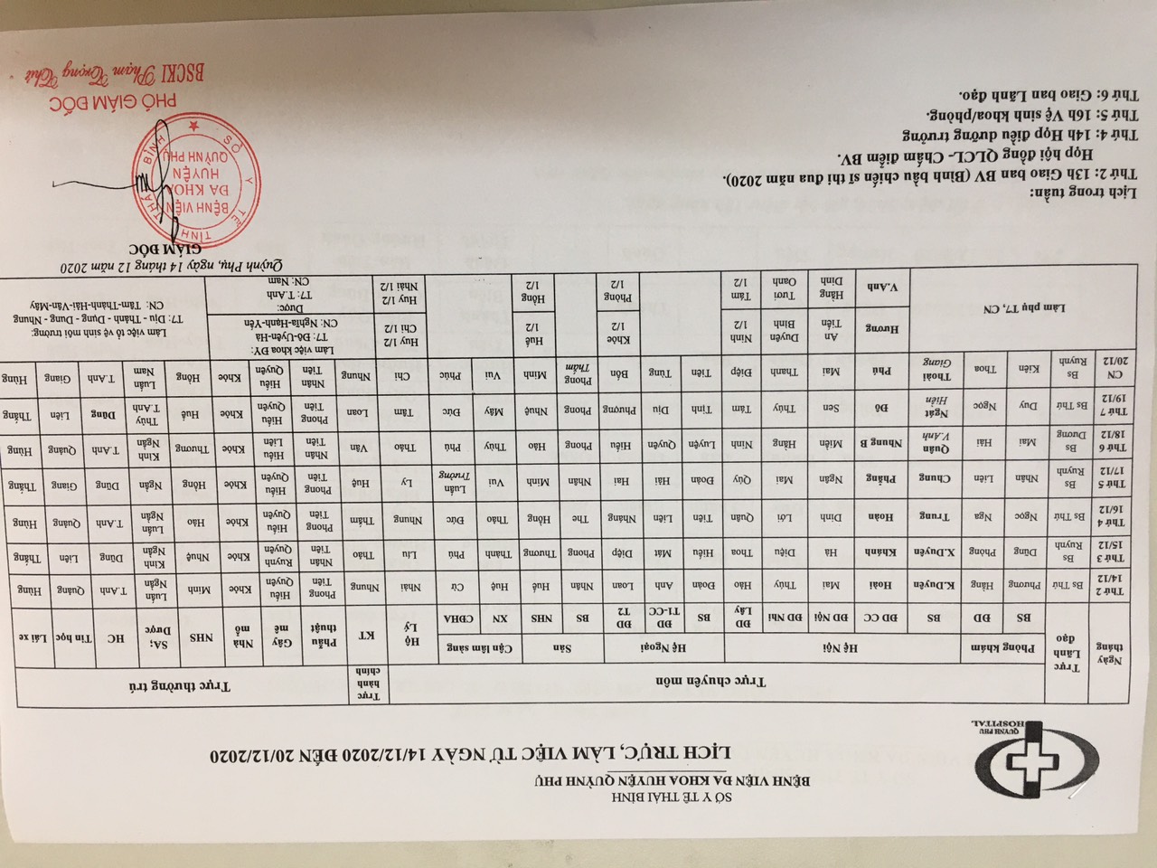 Lịch trực, làm việc từ ngày 14/12/2020 đến ngày 20/12/2020