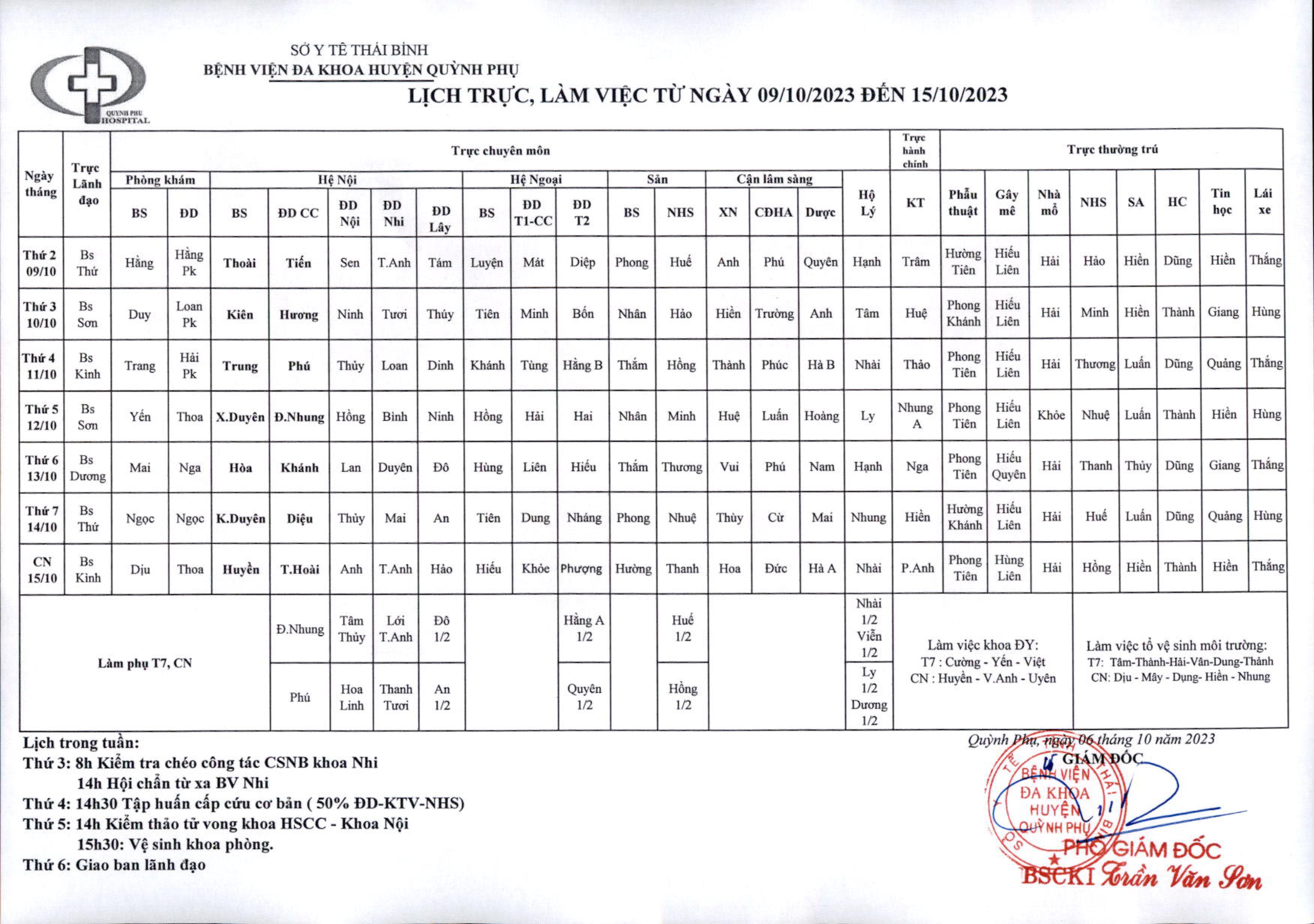 LỊCH TRỰC, LÀM VIỆC TỪ NGÀY 09/10/2023 ĐẾN 15/10/2023
