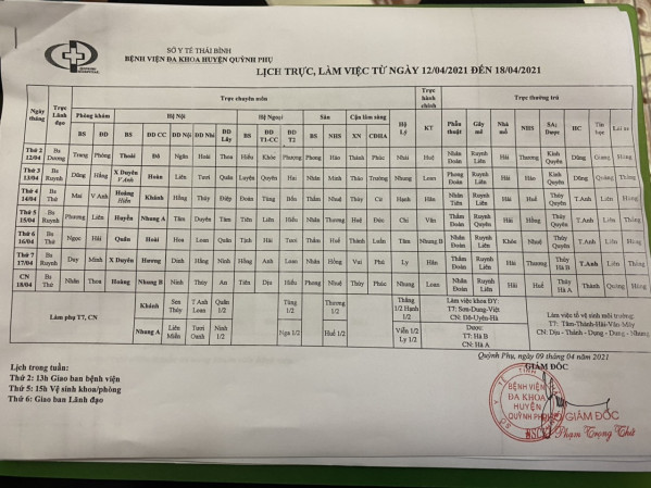 lich trực, làm việc từ ngày 12/4/2021 đến ngày 18/4/2021