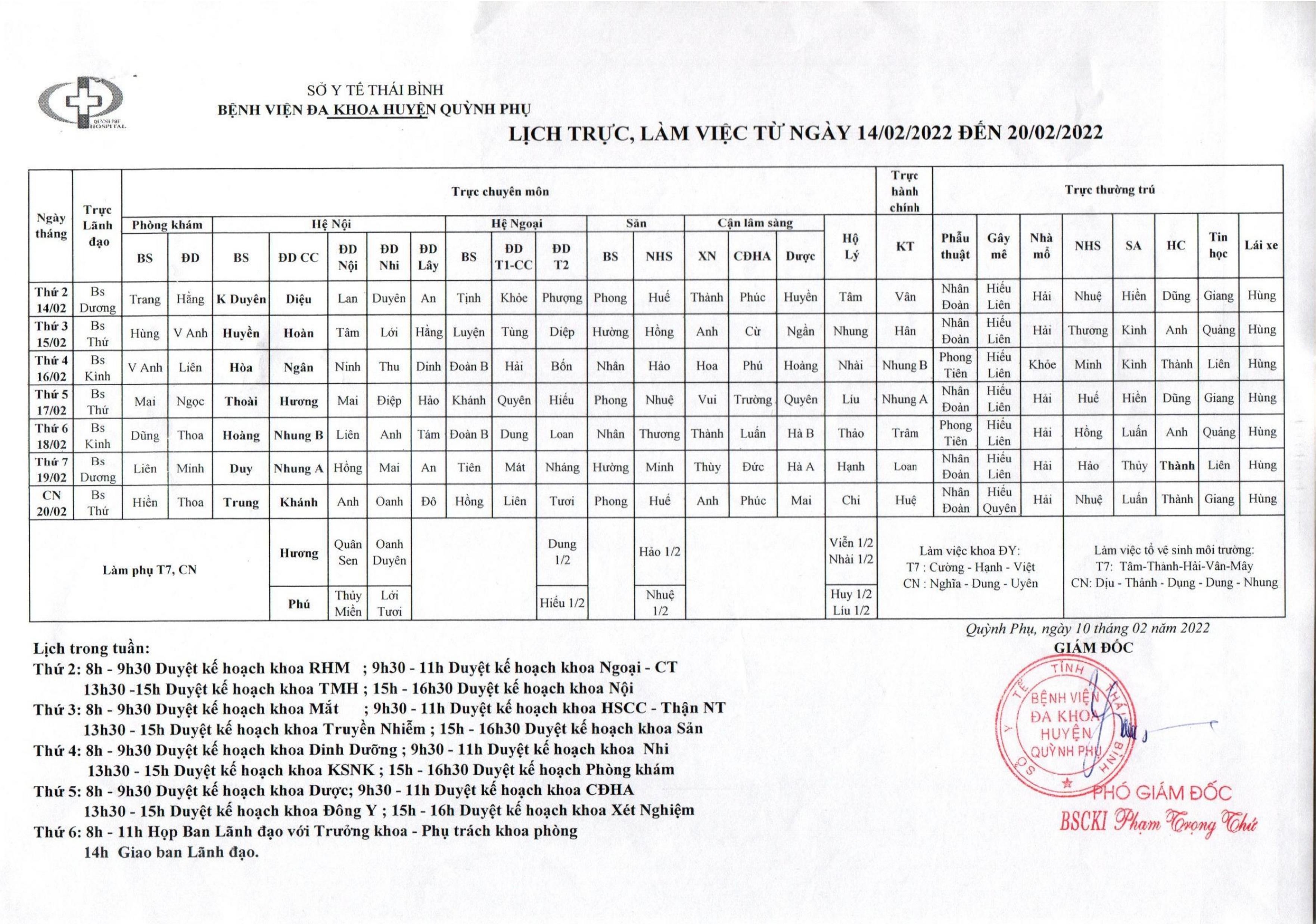 LỊCH TRỰC, LÀM VIỆC TỪ NGÀY 14/02/2022 ĐẾN 20/02/2022