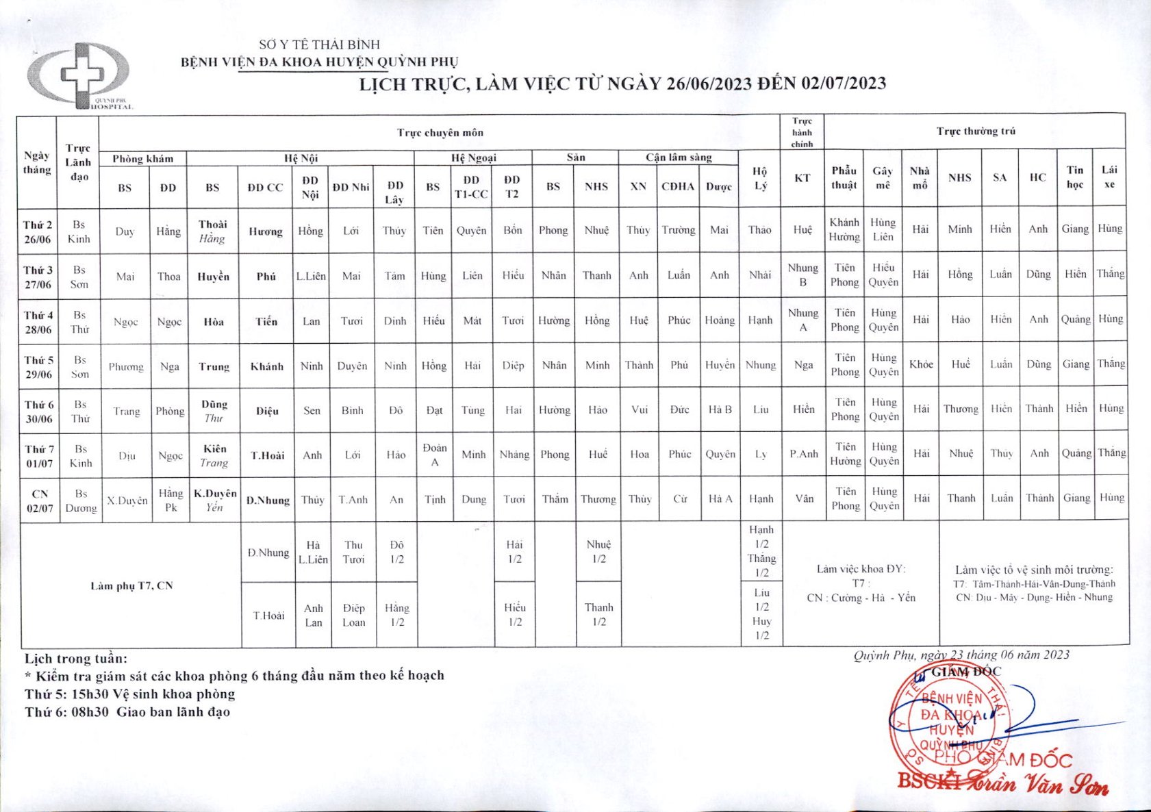 LỊCH TRỰC, LÀM VIỆC TỪ NGÀY 26/6/2023 ĐẾN NGÀY 02/7/2023