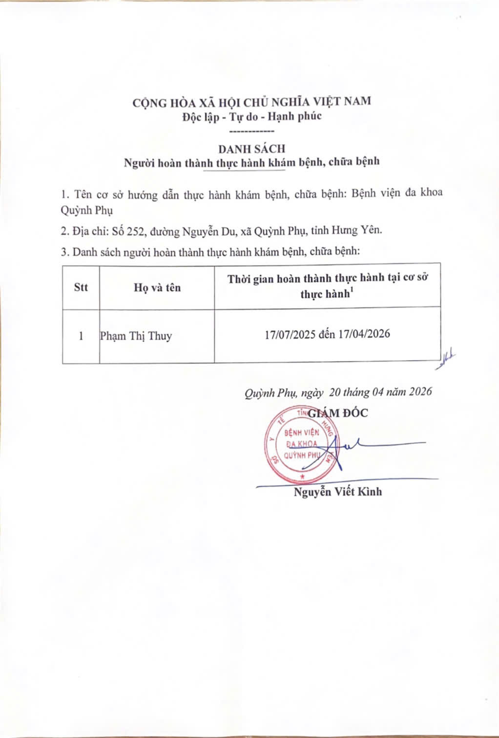 BỆNH VIỆN ĐA KHOA QUỲNH PHỤ THÔNG BÁO DANH SÁCH NGƯỜI HOÀN THÀNH THỰC HÀNH KHÁM BỆNH, CHỮA BỆNH  THỰC HÀNH